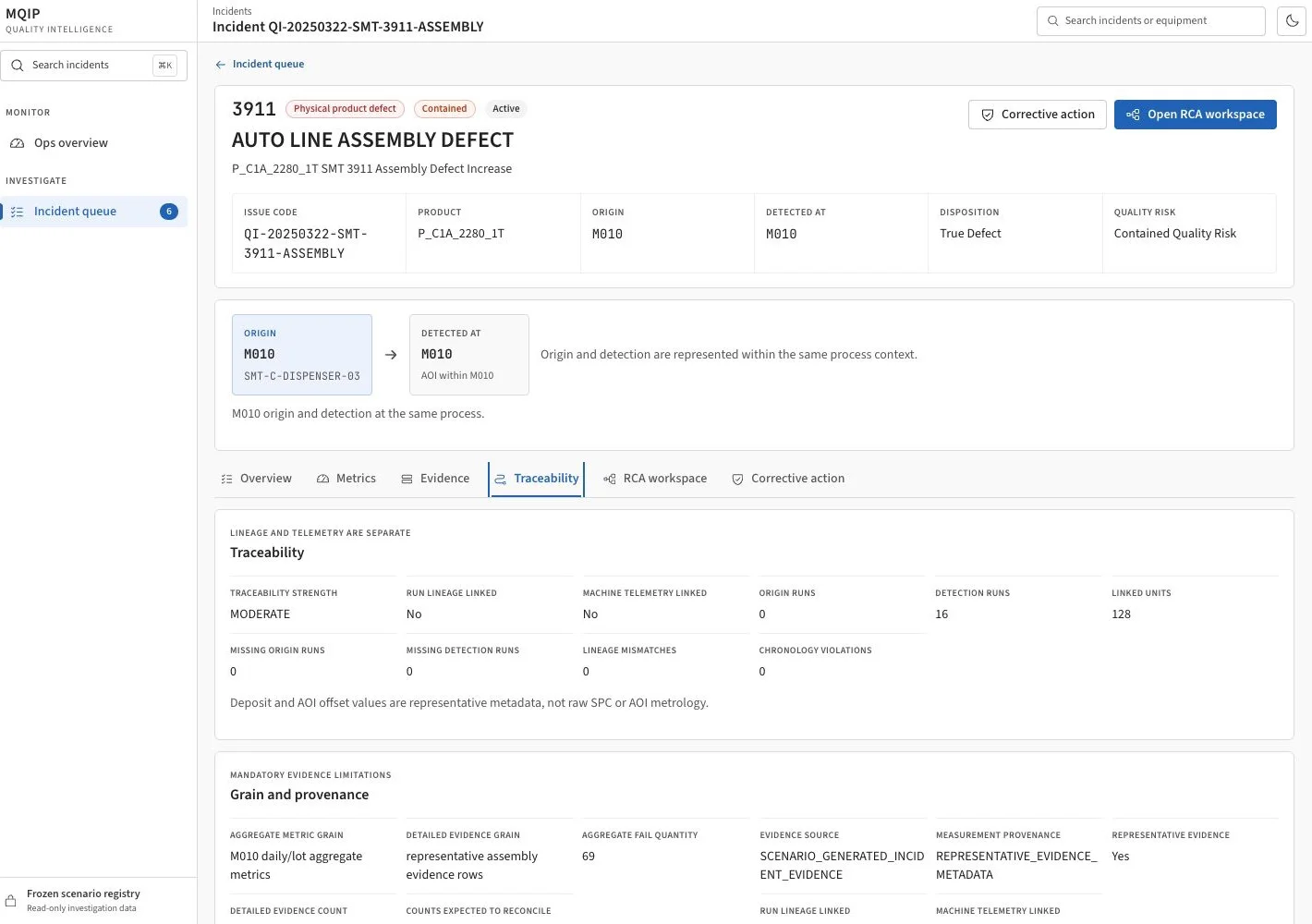 MQIP traceability workspace showing linked units and runs, evidence grain, provenance, and known evidence limitations.